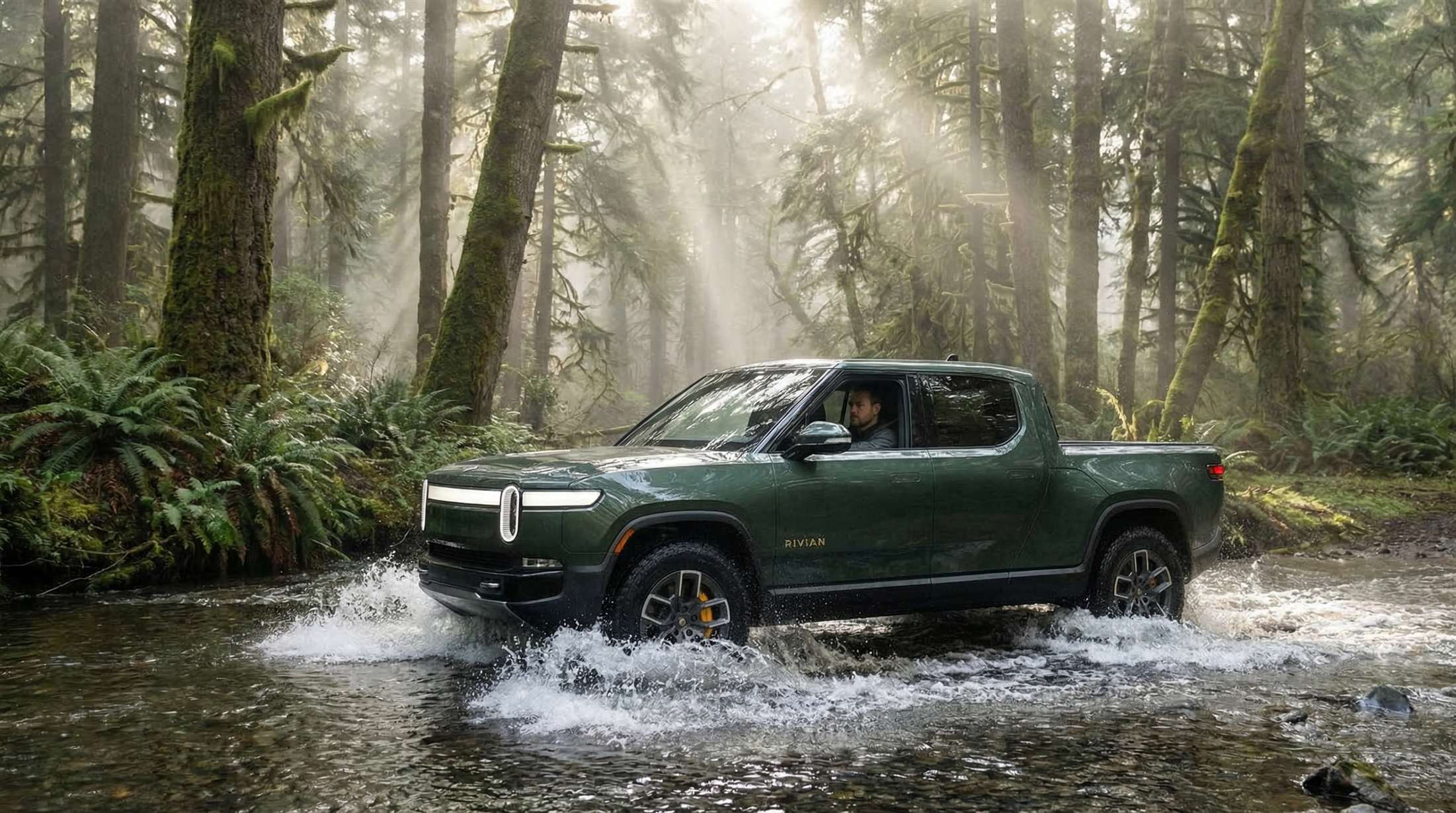 Rivian crossing a river in the wilderness